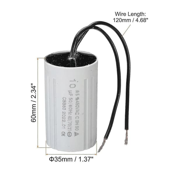 Cbb60 10uf Driftkondensator, Ac 450v 2 Trådar 60x35mm