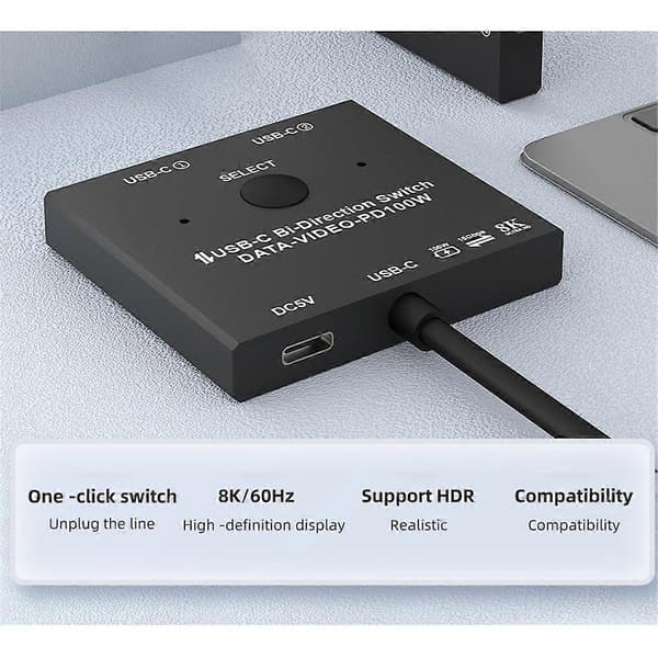 Bi-Directional USB C Switcher 100W Opladning+10Gbps Data+8K Videooverførsel 1x2/2x1 KVM Switch til 2 L Black