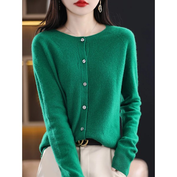 Addonee Dame 100% Merinouldtrøje Kasjmir Rundhals Cardigan Raglan Ærme Klassisk Strikket Ensfarvet Ensfarvet Hion Basisbeklædning Grøn green XXL