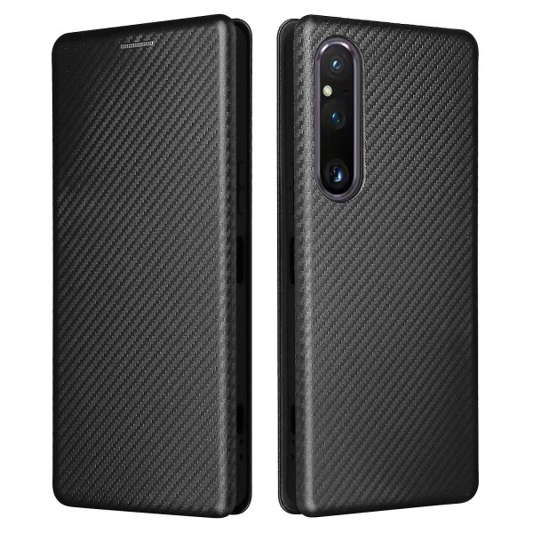 For Sony Xperia 1 V Stand Pu Lær telefonveske Carbon Fiber Texture Kortholder Telefondeksel Black