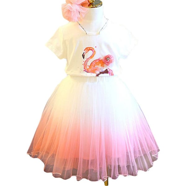 Barn Flickor Flamingo T-shirt Gradient Tutu Tyll Kjol Klänning Set Outfit 6-7 Years
