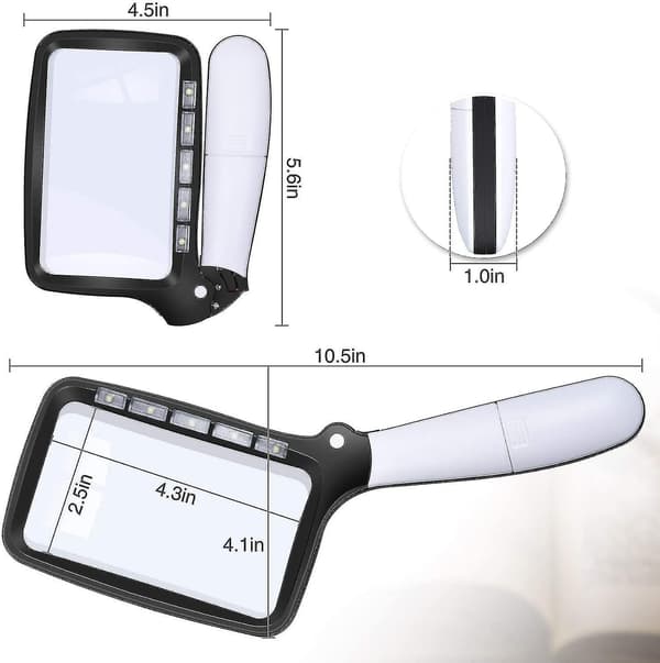 Rektangulär läsförstoringsglas med 5 LED-lampor, 2 intensitetslägen och 2x förstoring