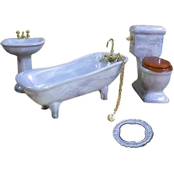 Dukkehusmøbler Miniaturebadeværelsessæt Lilla badeværelsestilbehør 4stk-1:12 Skala (blågrå)