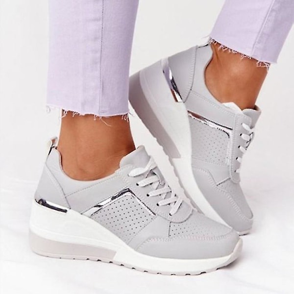 Snörning Wedge Sports Snickers Vulkaniserade Casual Comfy Shoes för kvinnor grey 36