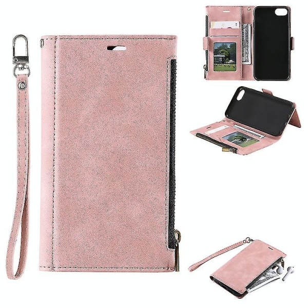 Til Iphone Se 2022 / Se 2020 / 8 / 7 Side lynlås Bagsidekort Horisontal Flip Pu læderetui med kortpladser & pung & fotoramme & lanyard (pink)