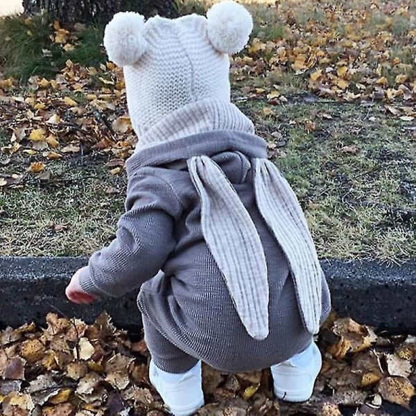Baby Romper Kanin Bunny Ear Hætte Jumpsuit Lynlås One Piece Pyjamas Grey 12 18 Months
