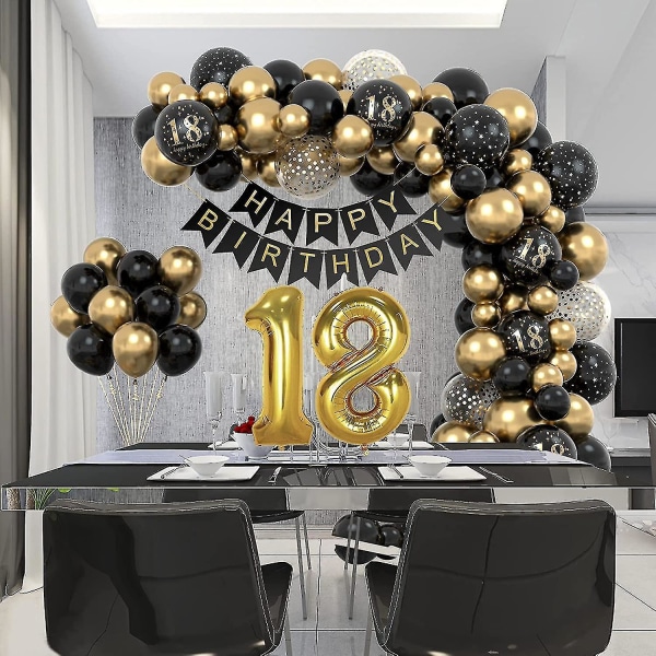 18-års fødselsdagsdekoration, 18. drengepigefest Fødselsdagspynt, tillykke med fødselsdagen Guirlande ballon sort guld dekoration