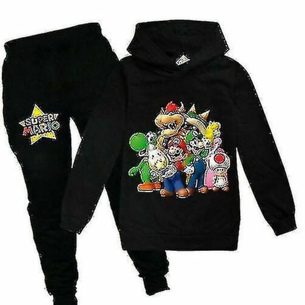 Super Mario Hoodie Topp og Bukser Sett Barn Gutter Jenter Sportsklær Jogging Dress_a Black 2 130 (7-8Years)