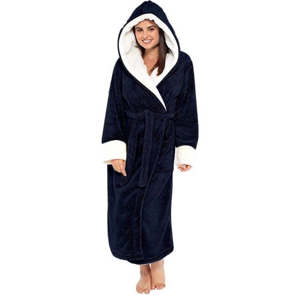 Kvinder Sherpa fleece badekåbe Blød morgenkåbe hætte fluffy towling badekåbe høj kvalitet Navy S