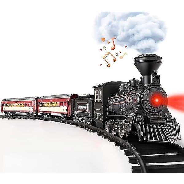 Set pojille - Metallinen sähköjunalelu, jossa on höyryveturi, hehkuva henkilöauto, metalliseoslelujuna rikkailla raiteilla, joulujuna