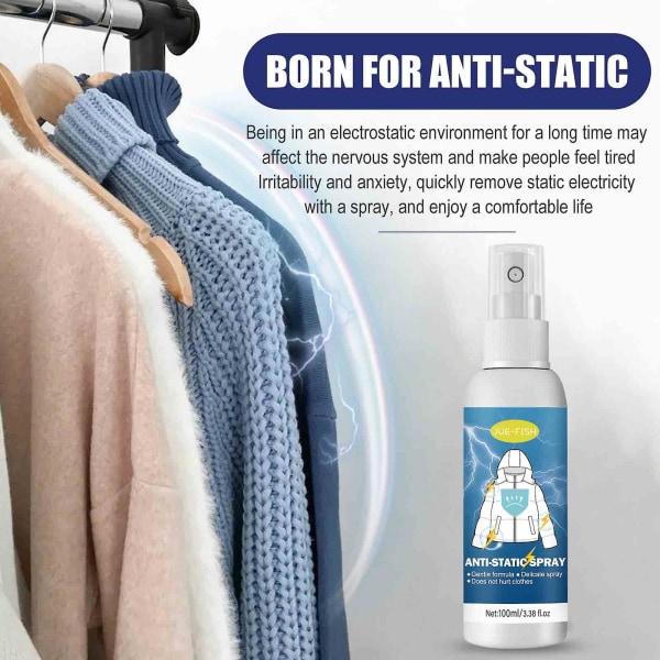 Antistatisk spray, fjern statisk elektricitet fra hår og tøj, gør ikke ondt på tøjet og irriterer ikke (100 ml)