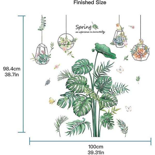 Väggdekaler med gröna blad i kruka, växtblad, peel-and-stick-väggkonst, dekaler för barn, flickors sovrum, vardagsrum, kök, spegel