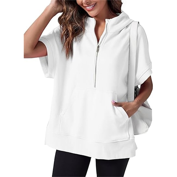 Women's short sleeve half zip pullover baggy hoodie pullover casual hoodie tops blouse White