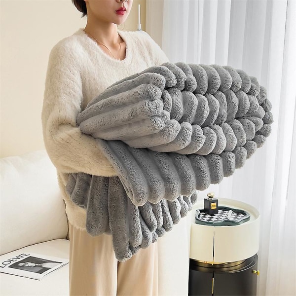 Snuggle Sac Cuddly filt, fluffigt fleecefilt, filt för soffa, säng, soffa, varm och mjuk filt med randigt mönster, grå/rosa/grön/gul,120