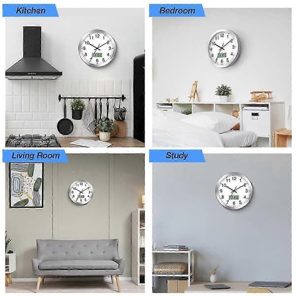 12-inch Analog Wall Clock with Digital Date, Week, Indoor Temperature - Battery Operated Wall Clock, Automatic Setting CJY Silver
