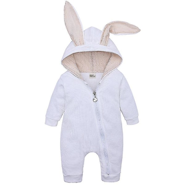 Baby Romper Kanin Bunny Ear Hætte Jumpsuit Lynlås One Piece Pyjamas White 3 6 Months