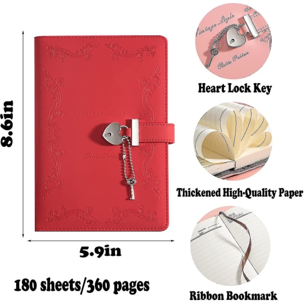 Dagbok med lås och nyckel för tjejer Tjocka 360 sidor läder hjärtformad låstidning Söt låst hemlig dagbok Anteckningsbok för kvinnor Vuxna A5 (röd)