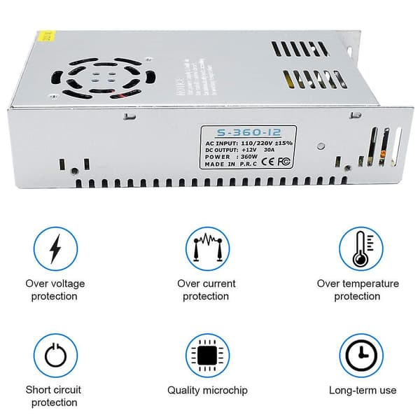12V 30A 360W, DC universell regulert strømforsyning, omformer AC 110/220V til DC 12 Volt LED-driver, transformator, adapter for LED-stripebelysning