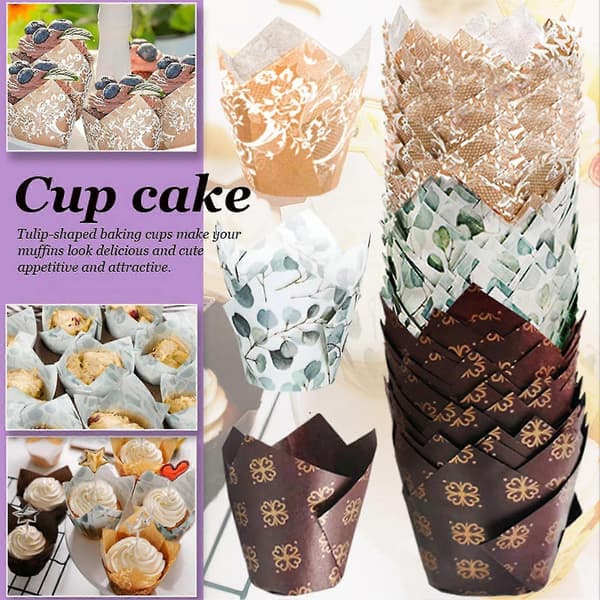 200 st tulpanformade muffinsformar, värmebeständiga, söt eukalyptusdesign, gröna White