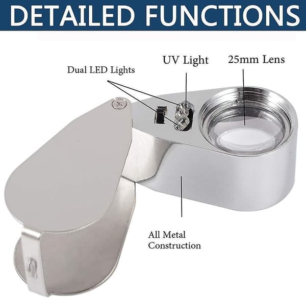 40X belyst gullsmedlupe, sett med 2 sammenleggbare smykkeluper i metall med LED-lys