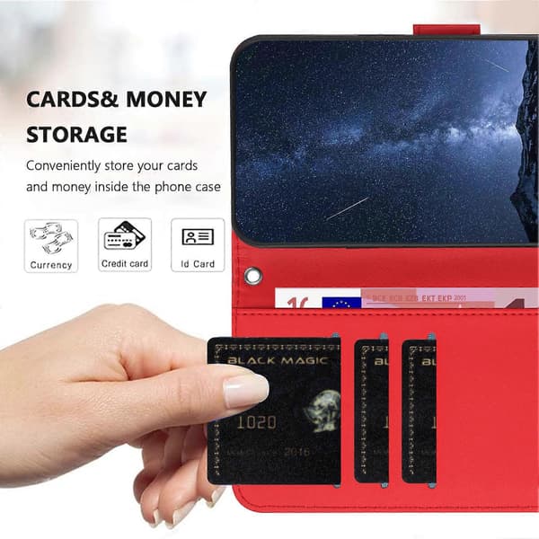 Etui til iPhone 13 mini 5,4 tommer Læderetui Pung Stand Solid Farve Anti Drop Telefoncover - Rød