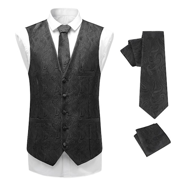 Sliktaa Herre V-hals Jacquard Vest Tredelt Sett (Vest + Slips + Lommetørkle) Black XS