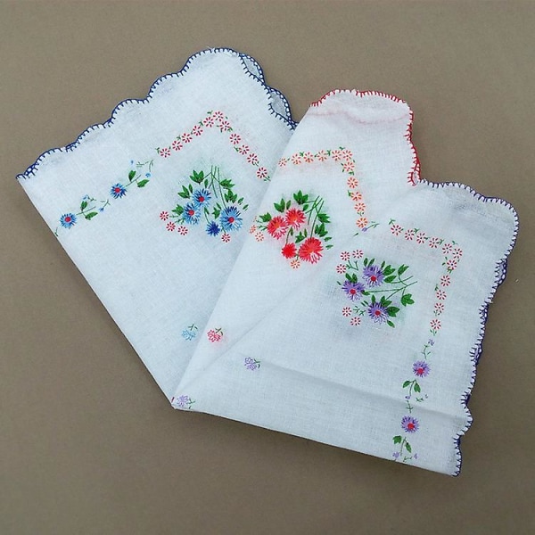 Pakke med 12 broderede lommetørklæder til kvinder/damer med frynser med satinstribekant, 100 % bomuld