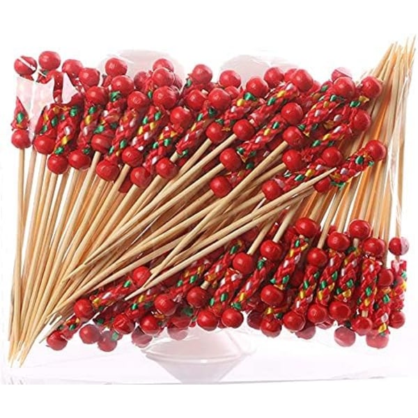 100 Pcs Fun Red Beaded Bamboo Strings Cocktail Toothpicks for Cocktail Party or BBQ Snacks (4.72")