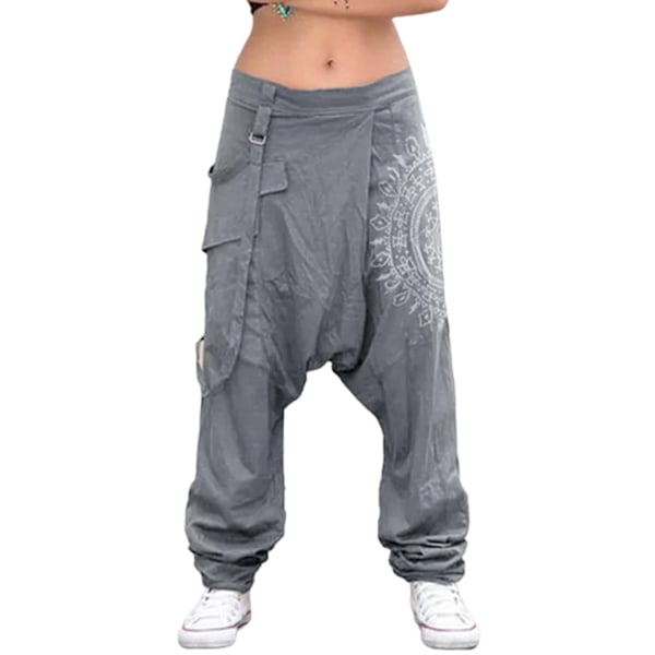Fianao Kvinder Lav Talje Drop Crotch Retro Print Saggy Baggy Bukser Løse Harem Bukser - WELLNGS Blågrå Grey M