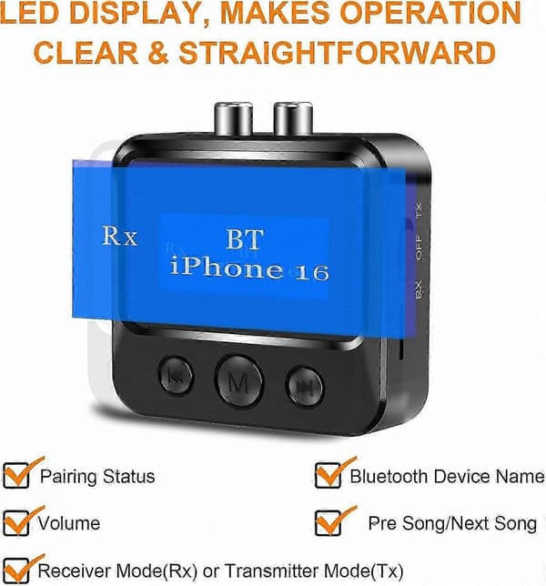 Trådlös ljudadapter för hemmastereosystem med Bluetooth, RCA och 3,5 mm AUX-anslutningar, LED-display