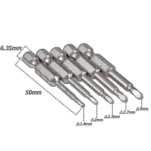 5 delar magnetiska triangulära skruvmejselbitar, S2 stål triangulär spets skruvmejselbit sexkantsskaft triangulär skruvmejselbitssats (1 set, silver)