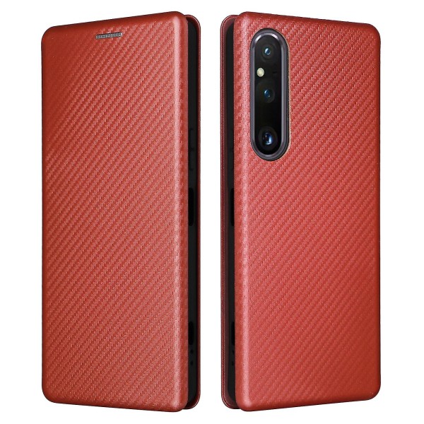 For Sony Xperia 1 V Stand Pu Lær telefonveske Carbon Fiber Texture Kortholder Telefondeksel Brown