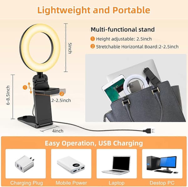 5\" Bord Ring Light med Stativ, LED Ring Light til Laptop Skærm, Videokonference Belysning, Zoom Møde Lys