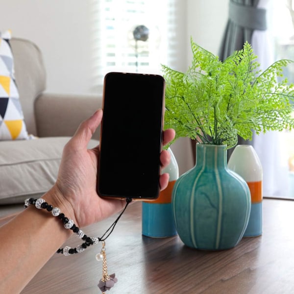 Svart mobiltelefonhänge - Mobiltelefonhänge i kristall med blomhänge Halkfritt mobiltelefonhänge Mobiltelefonhänge