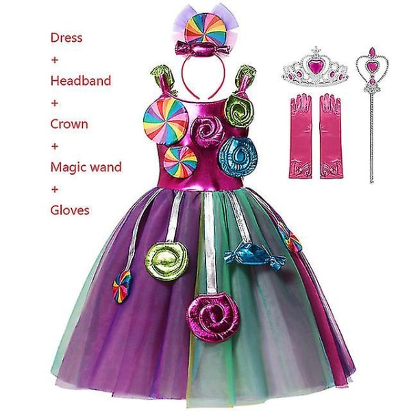 Søt Regnbue-Sukkertøy Prinsessekjole for Jenter, Julekarneval Lollipop Totem Kostyme, Barnekostyme for Cosplay-Opptreden Set 6 M (4-5Y)