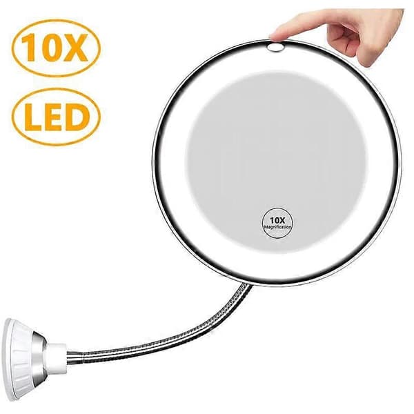 Flexible Magnifying Mirror with LED Light, 10x Magnification, Powerful Suction Cup - Illuminated Makeup Mirror with Anti-Glare LightingCJY