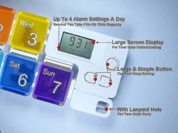 Elektronisk pilleboksalarm 7 roms automatisk medisinpåminnelse pilledispenser for eldre
