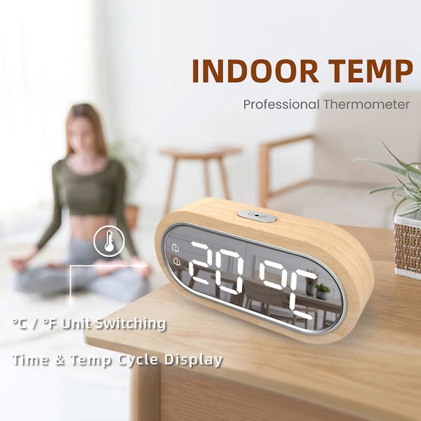 Beech Wood Digital Clock Dual Alarm Snooze Usb Alarm Clock Table Thermometer Electronic Led Wooden Desk Clock 4-level Brightness For Living Room Offic