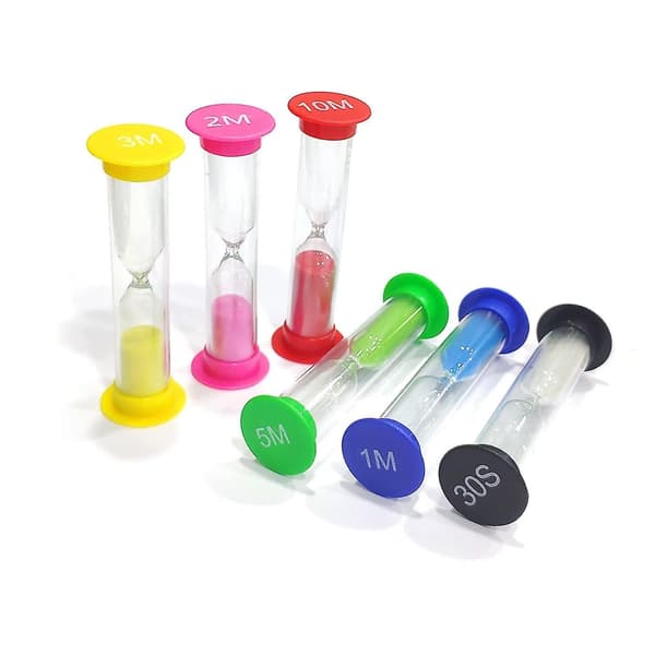 6 stk. timeglas sandtimer, sandglas ure 30 sek. 1 min. 2 min. 3 min. 5 min. 10 min. til køkken klasseværelse