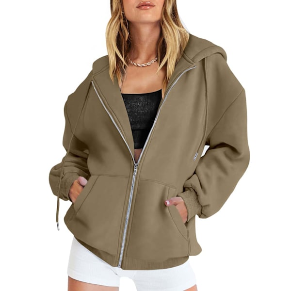 Lady söpö huppari teini tyttö syksy takki oversized collegepaita rento kiristysnauha vaatteet vetoketju Y2k huppari taskuilla khaki khaki S