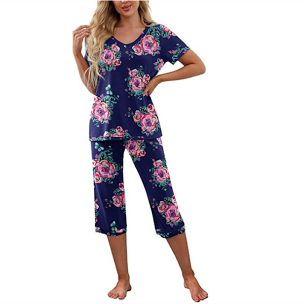 Dame Pyjamas 2-delt Søvnsett Korte Ermer Tee & Capri Bukser Marineblå Navy Blue XL