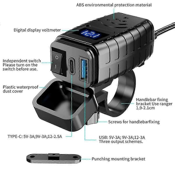 PD3.0+QC3.0 Motorcycle USB Fast Charger Port Socket Plug with Mobile Voltmeter Digital ChargingCJY Black
