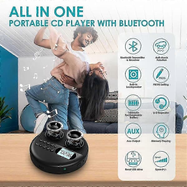 Genopladelig CD-afspiller med Bluetooth-forbindelse og ASP LCD-skærm CJY Black