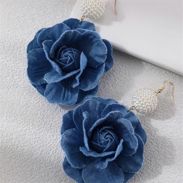 Håndlavede Kamelia Blomsterøreringe Blå Blomsterøreringe Stilfulde Denim Blomster Dråbe Øresmykker Ornament til Kvinder A