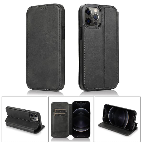 iPhone 12 Pro Max Case Leather Wallet Flip Phone Case CJY Black Black iPhone 12 Pro Max