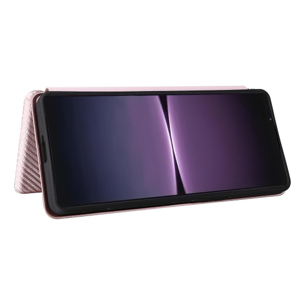 For Sony Xperia 1 V Stand Pu Lær telefonveske Carbon Fiber Texture Kortholder Telefondeksel Rose Gold