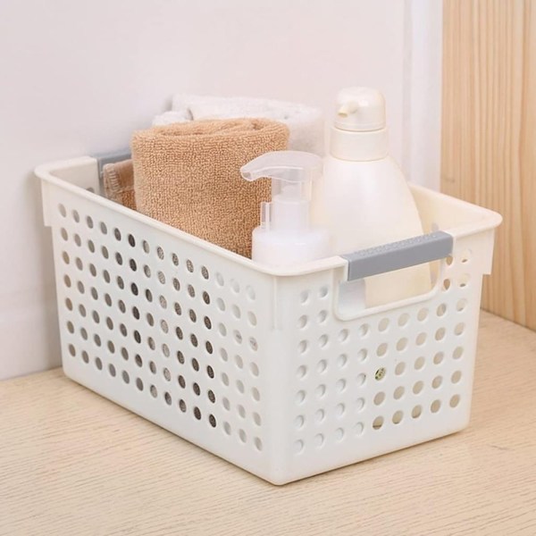 Slim Plastic Storage Basket, Rectangular Organizer Box with Non-Slip Handles, Ventilation Design Sturdy Storage Bin for Home Office, Stackable