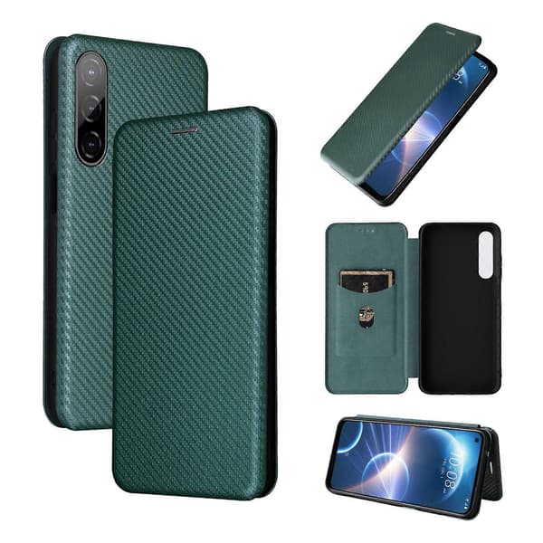 För HTC Desire 22 Pro Flip-läderfodral med kolfibertextur Green