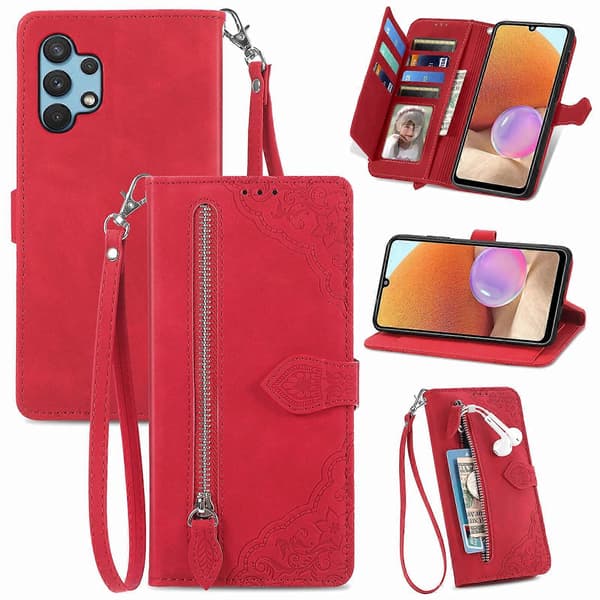 Til Samsung Galaxy A32 4G preget blomst støtsikkert skinntelefondeksel Red