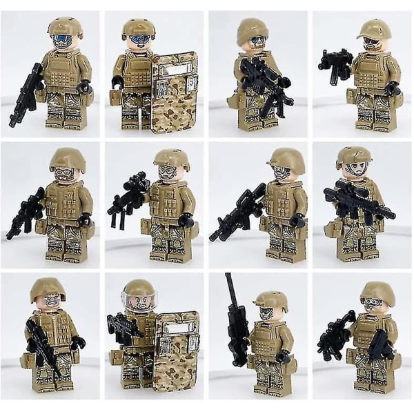 12 st set, kamouflagefigurer för specialstyrkor, minisoldater militärbasleksaker med
